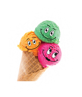 an ice cream cone with three colorful balls with funny emoticons on each ball