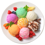 white plate with colorful balls of ice cream and fruits